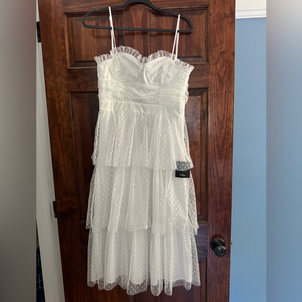 Lulus Sweetheart Style White Polka Dot Bustier Tiered Midi Dress Size Small NWT